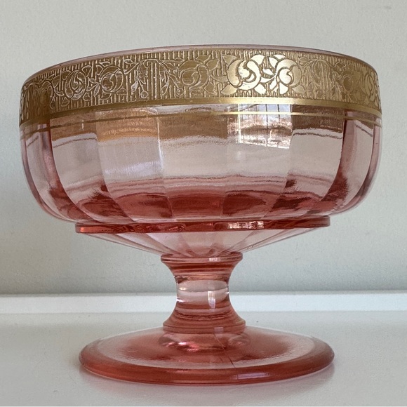 Vintage Pink Glass Footed Compote Candy Dish Gold Trim Tiffin Rambler Rose - Picture 6 of 14